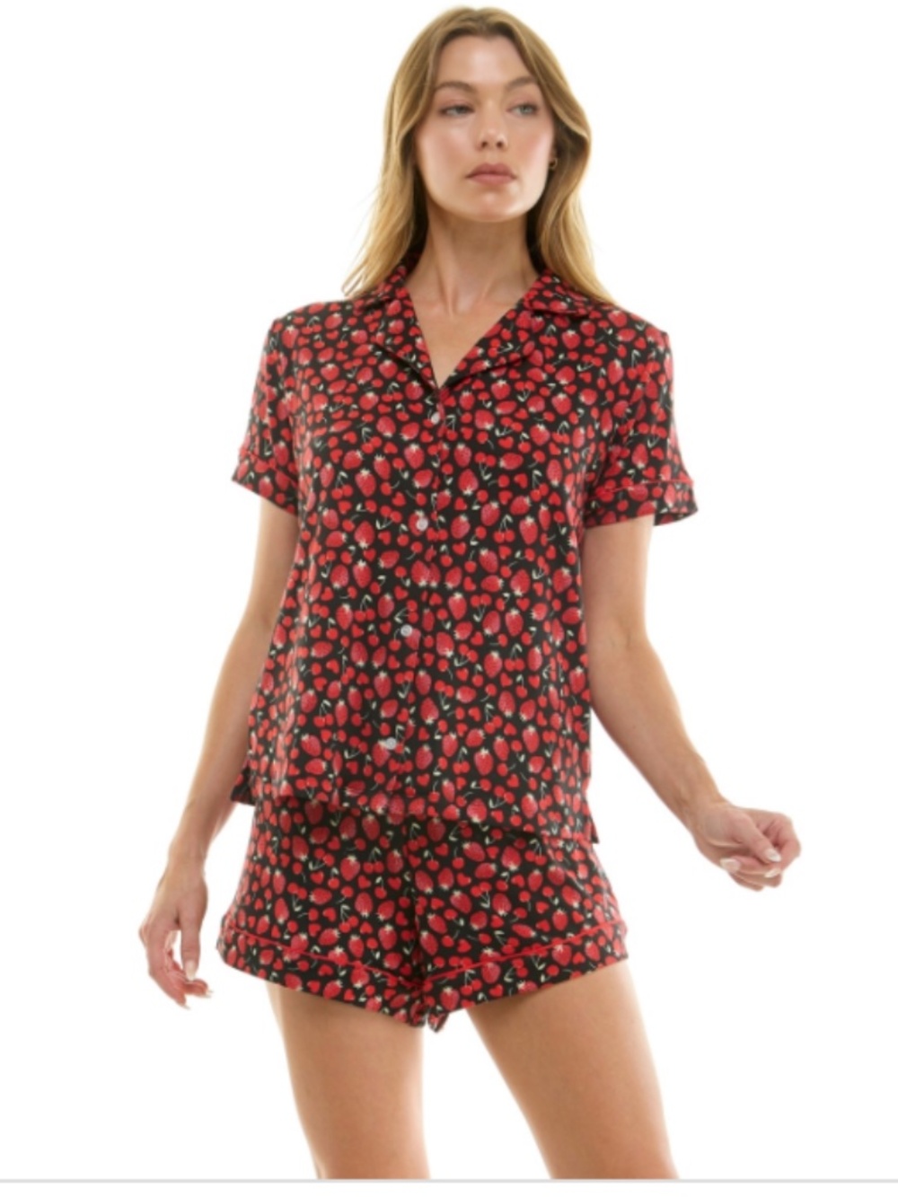 Roudelain Women's Short Sleeve Notch Collar and Shorts Set - Wine